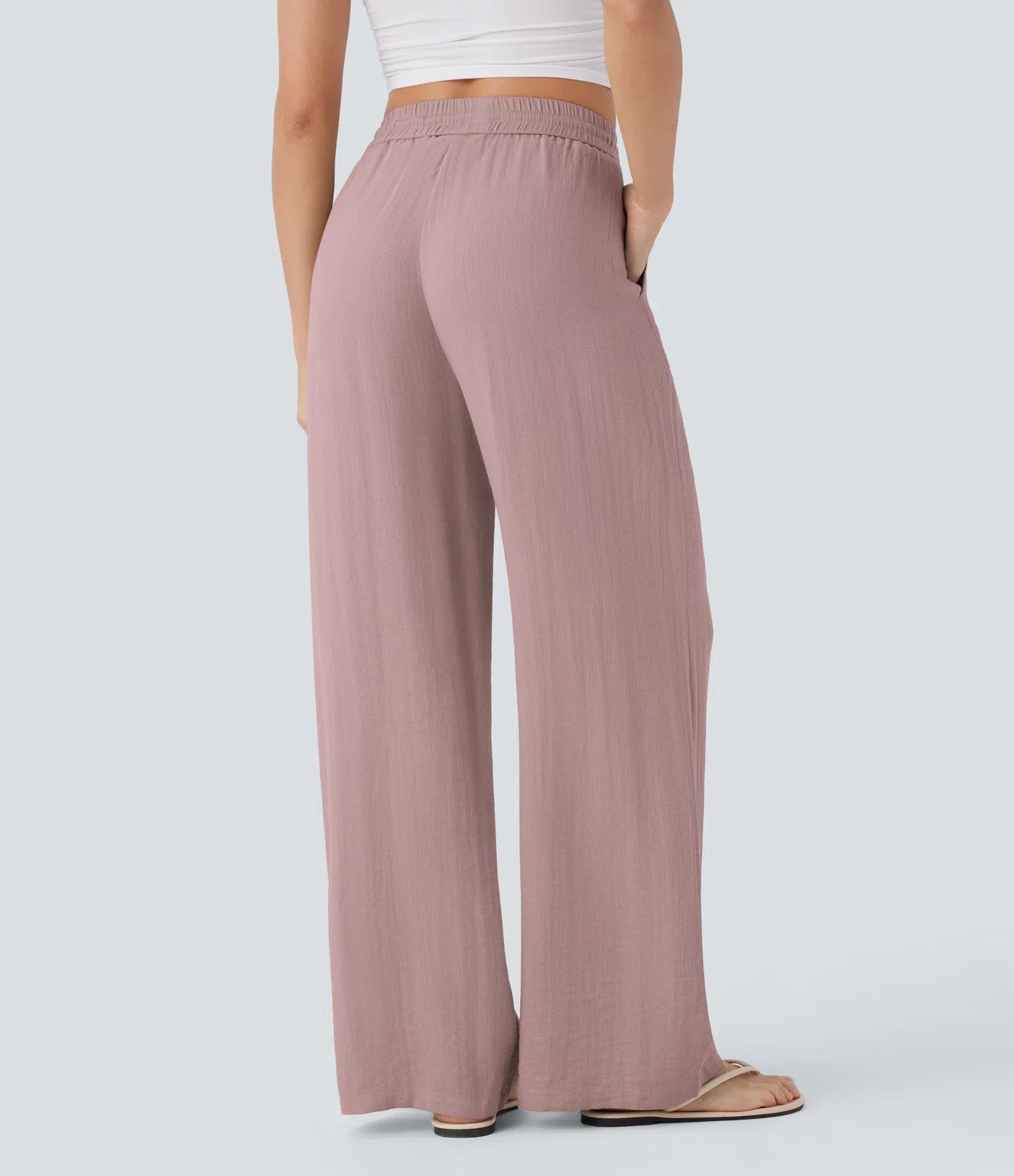 Pantalon fluide taille haute coupe large, effet lin premium avec cordon ajustable et poches discrètes