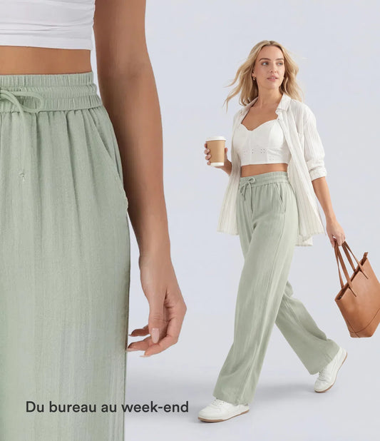 Pantalon fluide taille haute coupe large, effet lin premium avec cordon ajustable et poches discrètes