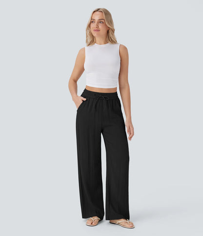 Pantalon fluide taille haute coupe large, effet lin premium avec cordon ajustable et poches discrètes