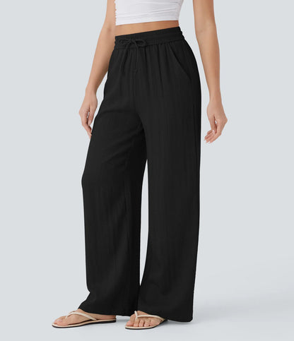Pantalon fluide taille haute coupe large, effet lin premium avec cordon ajustable et poches discrètes