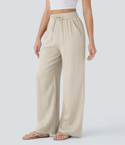Pantalon fluide taille haute coupe large, effet lin premium avec cordon ajustable et poches discrètes