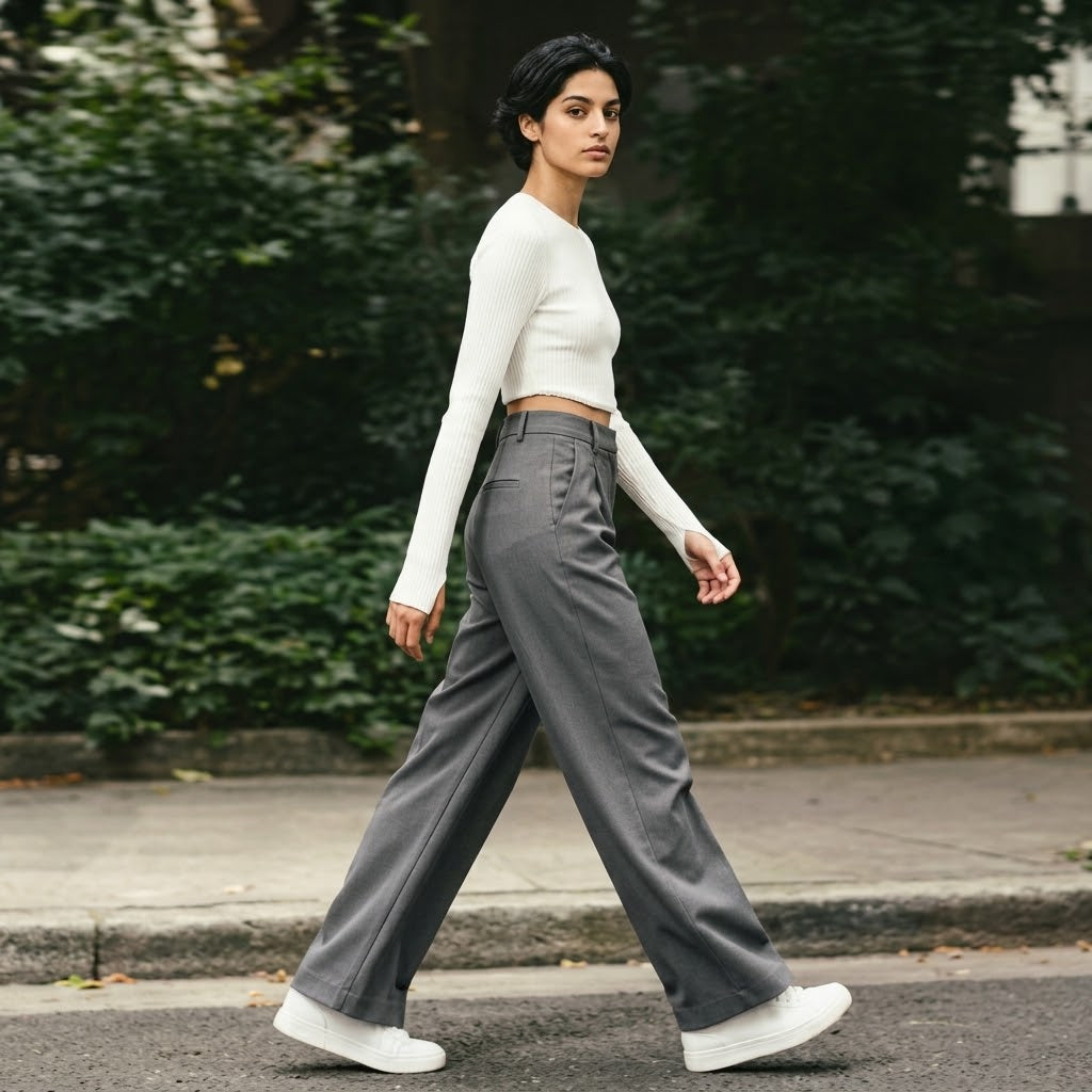 Pantalon tailleur fluide à taille haute, coupe droite avec poches.